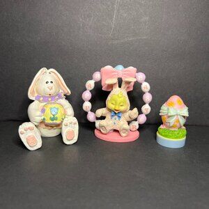 Vintage Lot of 3 Colorful Easter Decor Bunny Rabbit Egg Figurines & Stamp